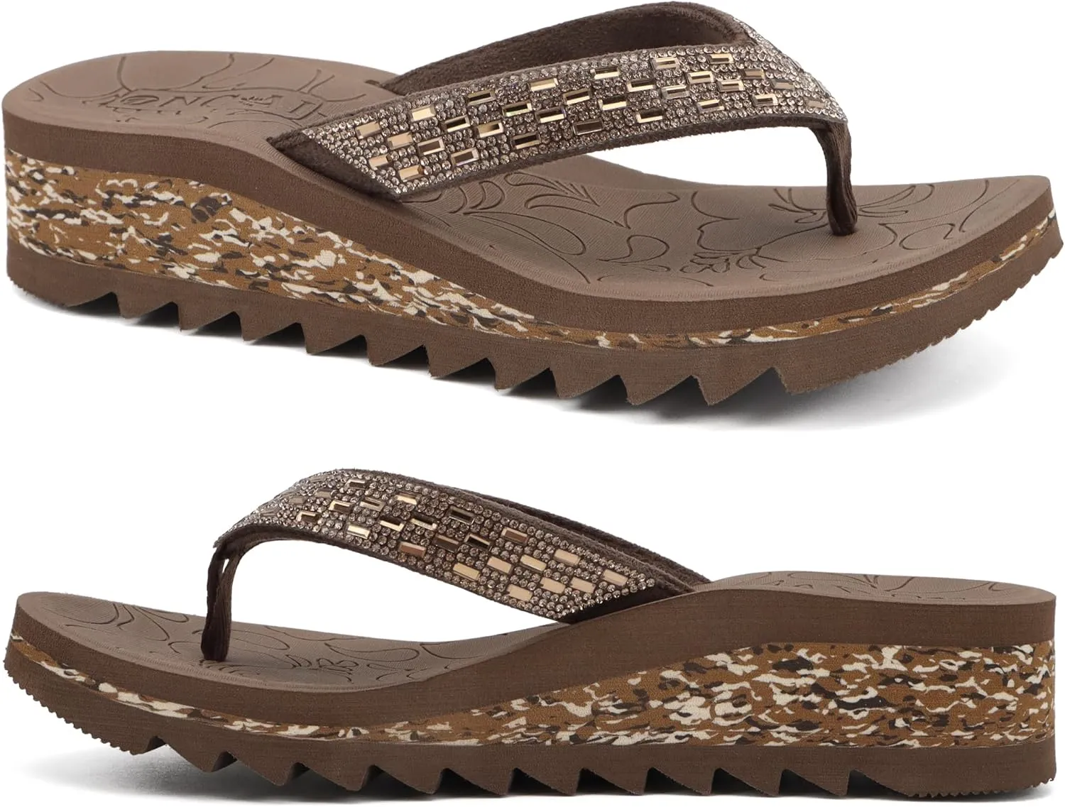 ONCAI Women's Wedge Flip Flops with Rhinestone，Recovery Dressy Walking Sandals for Women with Comfortable Arch Support Cushion Yoga Mat Summer Rubber Soles(US Size 5-11)