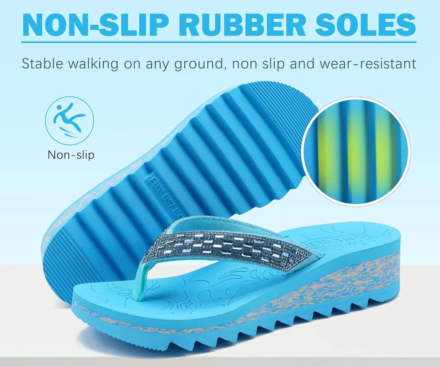 ONCAI Women's Wedge Flip Flops with Rhinestone，Recovery Dressy Walking Sandals for Women with Comfortable Arch Support Cushion Yoga Mat Summer Rubber Soles(US Size 5-11)