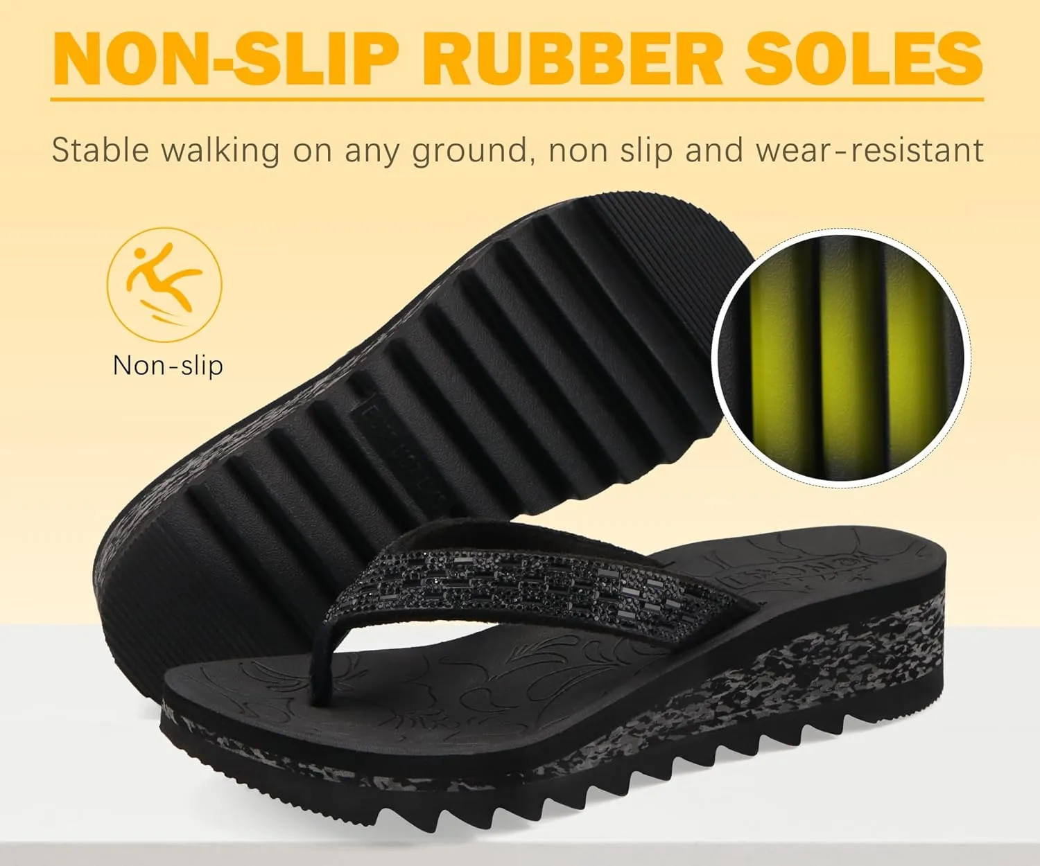 ONCAI Women's Wedge Flip Flops with Rhinestone，Recovery Dressy Walking Sandals for Women with Comfortable Arch Support Cushion Yoga Mat Summer Rubber Soles(US Size 5-11)