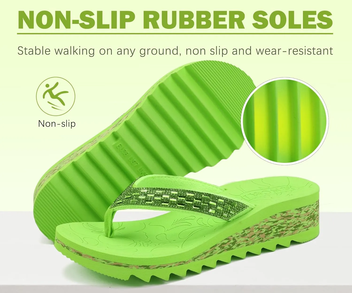 ONCAI Women's Wedge Flip Flops with Rhinestone，Recovery Dressy Walking Sandals for Women with Comfortable Arch Support Cushion Yoga Mat Summer Rubber Soles(US Size 5-11)