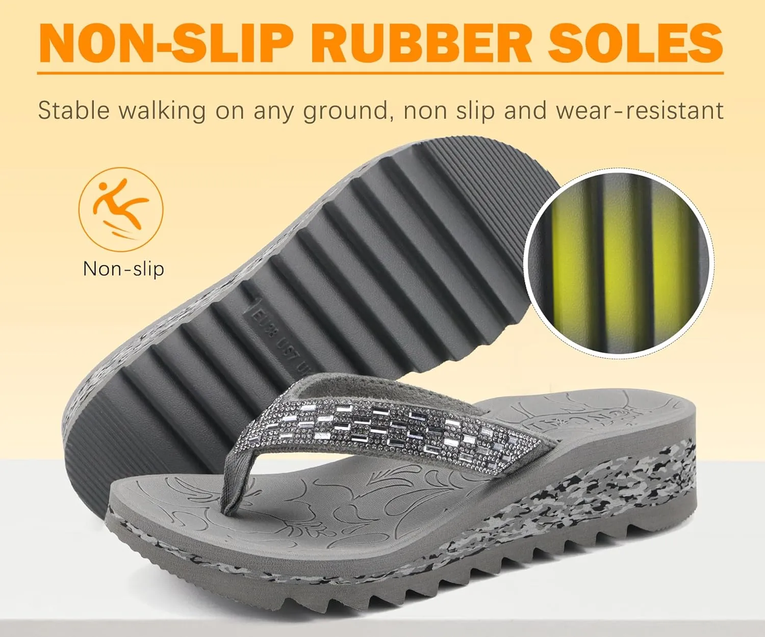 ONCAI Women's Wedge Flip Flops with Rhinestone，Recovery Dressy Walking Sandals for Women with Comfortable Arch Support Cushion Yoga Mat Summer Rubber Soles(US Size 5-11)