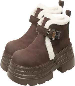 One-Foot Tower Buckle Snow Boots, Thick-Soled Low-Heeled Round-Toed Short Boots with Velvet Lining Raw Edge Warm Straight Boots Suede Frosted Casual Boots