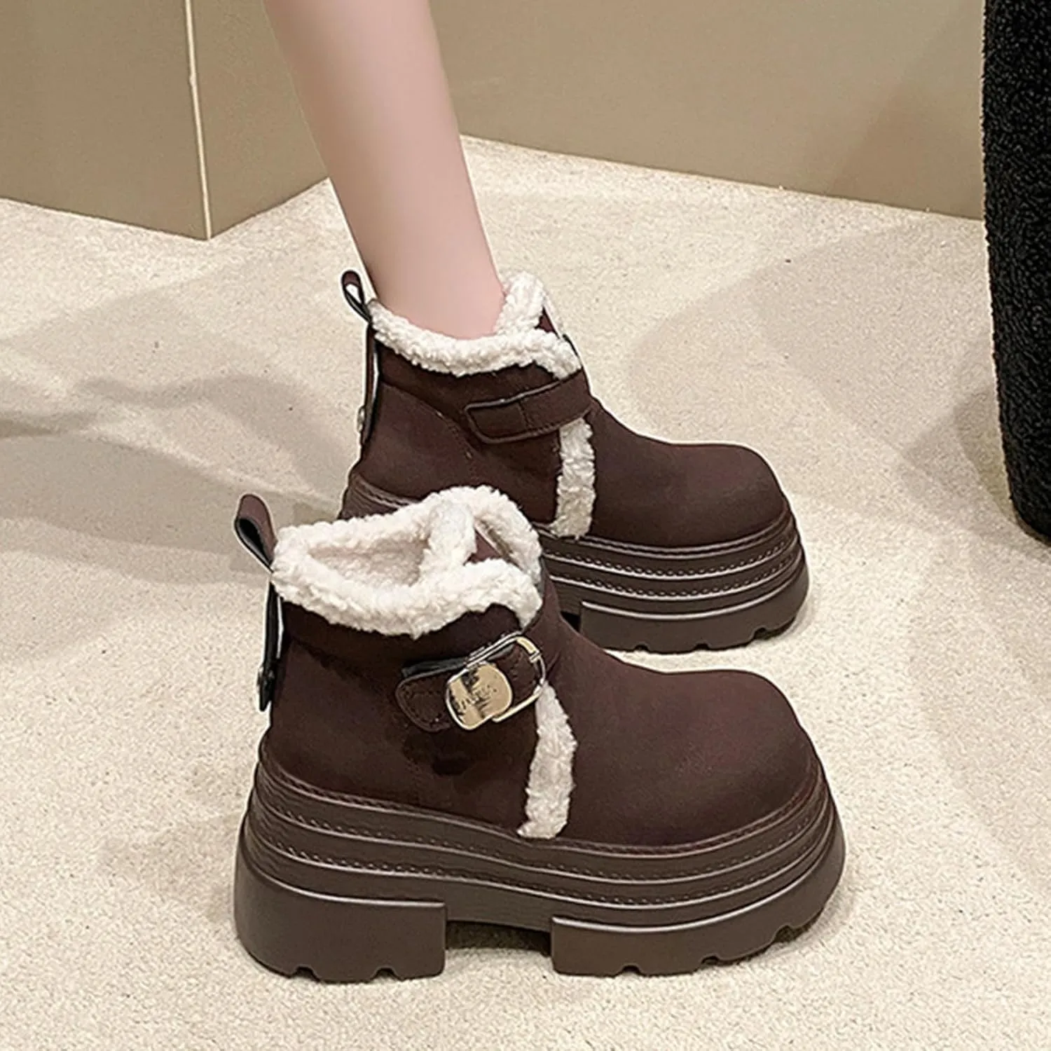 One-Foot Tower Buckle Snow Boots, Thick-Soled Low-Heeled Round-Toed Short Boots with Velvet Lining Raw Edge Warm Straight Boots Suede Frosted Casual Boots
