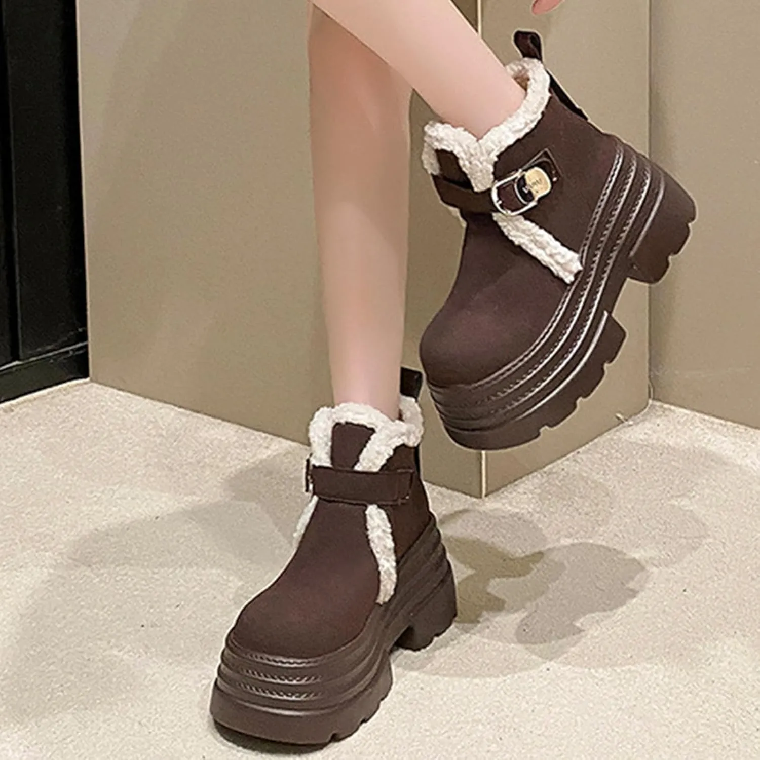 One-Foot Tower Buckle Snow Boots, Thick-Soled Low-Heeled Round-Toed Short Boots with Velvet Lining Raw Edge Warm Straight Boots Suede Frosted Casual Boots