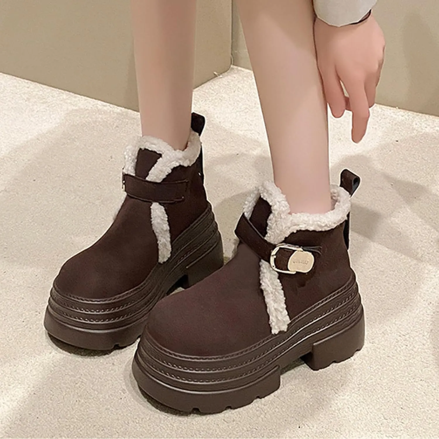 One-Foot Tower Buckle Snow Boots, Thick-Soled Low-Heeled Round-Toed Short Boots with Velvet Lining Raw Edge Warm Straight Boots Suede Frosted Casual Boots