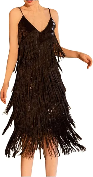 Oplxuo Cocktail Dresses for Women Sexy Deep V-Neck All-Over Fringe Spaghetti Straps Dress Sequins Feather Prom Party Dress