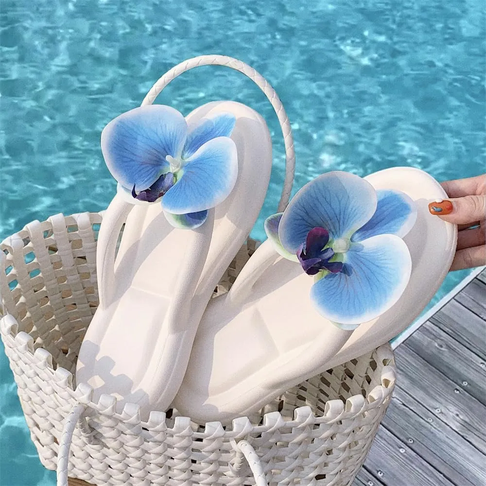 Orchid Slippers Sandals for Beach Walking Non-Slip Flat Sole Slides, Lightweight Floral Flip Flops Summer 2024