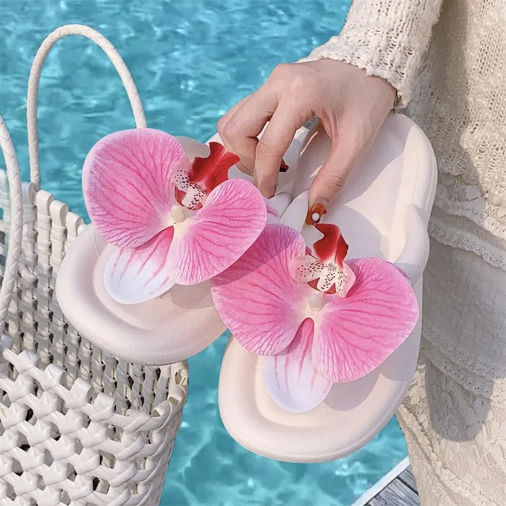 Orchid Slippers Sandals for Beach Walking Non-Slip Flat Sole Slides, Lightweight Floral Flip Flops Summer 2024