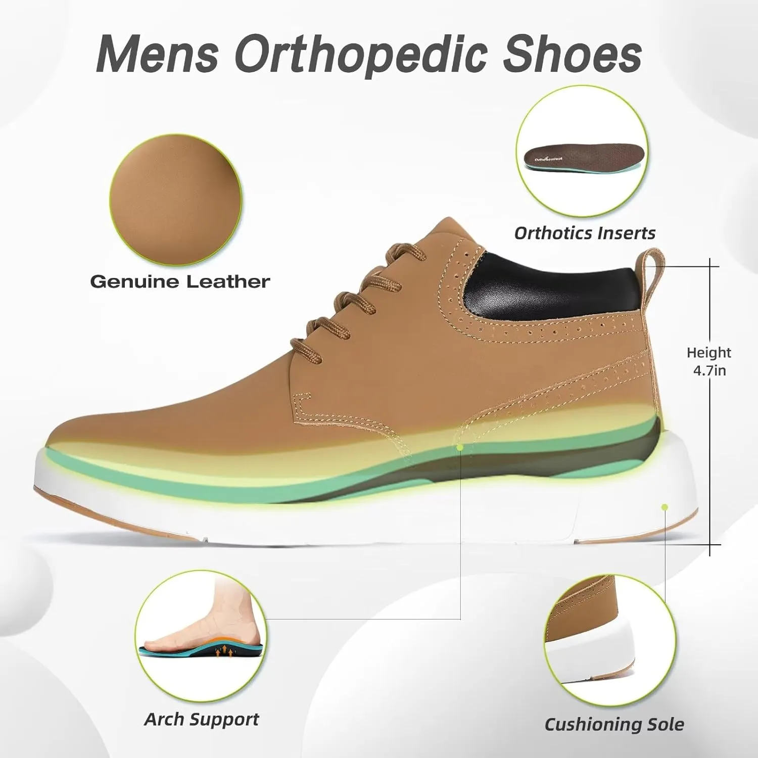 OrthoComfoot Men's Orthopedic Leather Ankle Boots: Comfortable Casual Arch Support Plantar Fasciitis Walking Shoes, Orthotic Flat Feet Tennis Work Sneakers for Foot and Heel Pain Relief