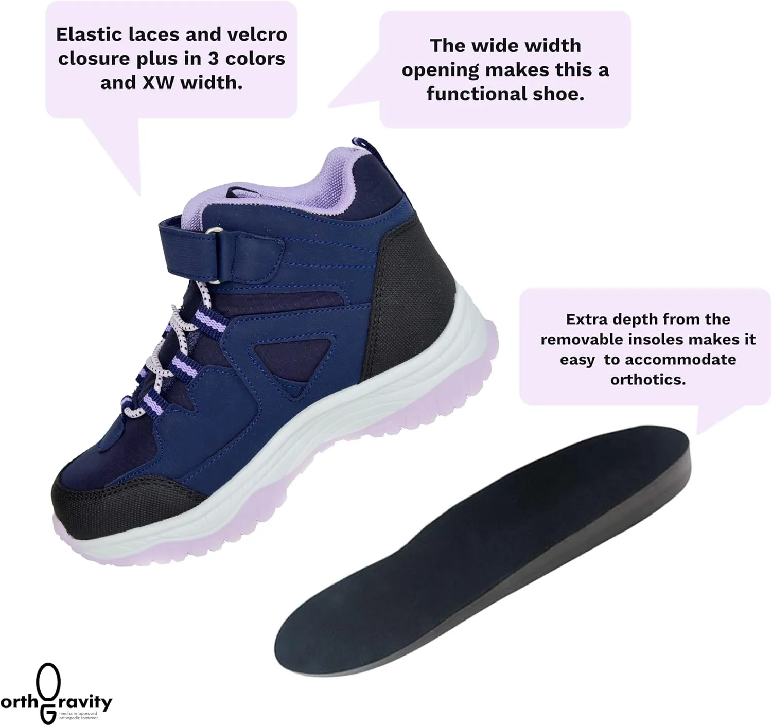 Orthopedic StrideCare 360 Kids High Top Sneakers, Wide Opening, Removable Inserts