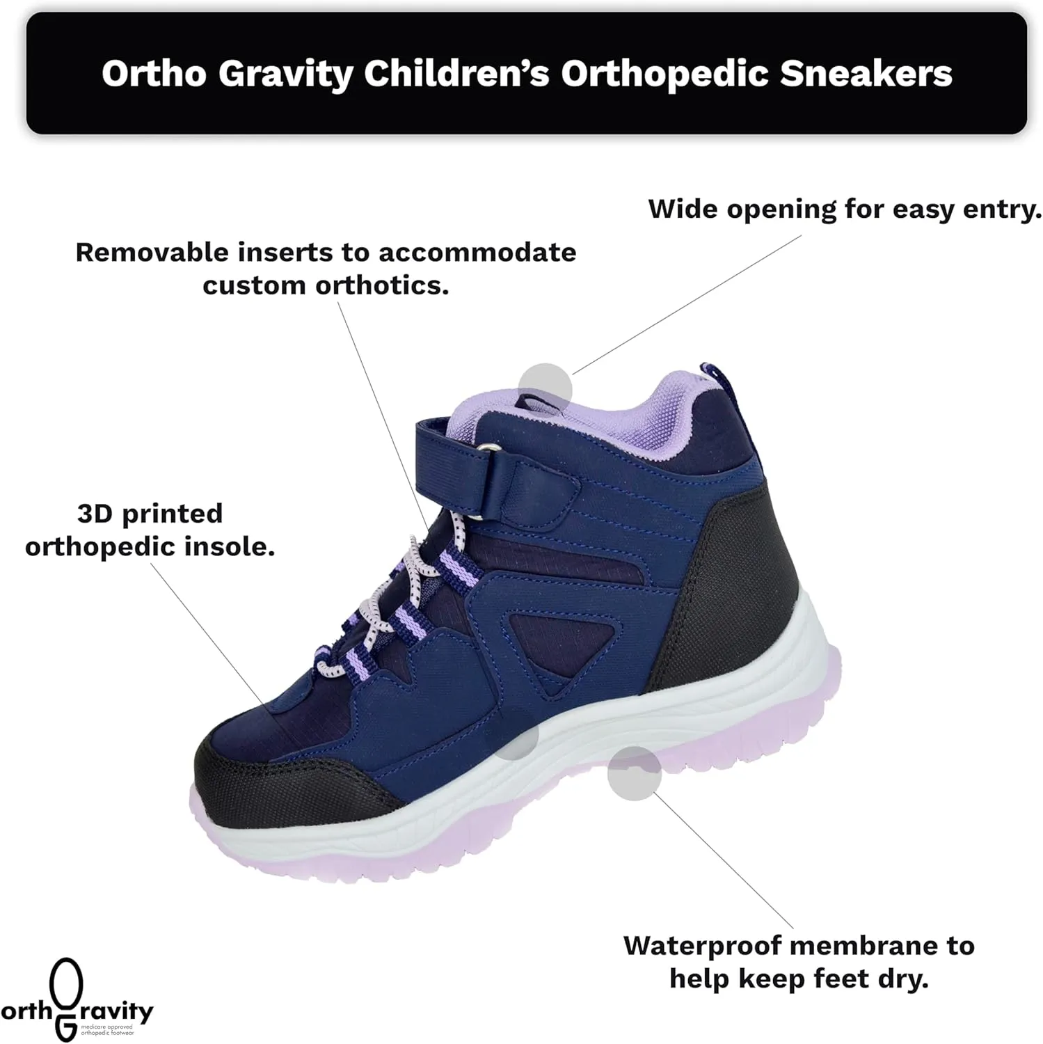 Orthopedic StrideCare 360 Kids High Top Sneakers, Wide Opening, Removable Inserts