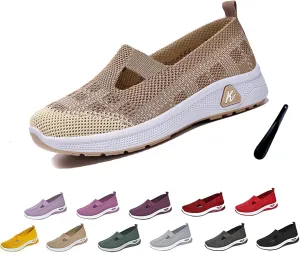 Orthowalkway Womens Shoes, Women's Woven Orthopedic Breathable Soft Shoes Arch Support Slip-On Sneakers, Indoor Outdoor Casual Walking Anti-Skid Sports Shoes