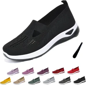 Orthowalkway Womens Shoes, Women's Woven Orthopedic Breathable Soft Shoes Arch Support Slip-On Sneakers, Indoor Outdoor Casual Walking Anti-Skid Sports Shoes