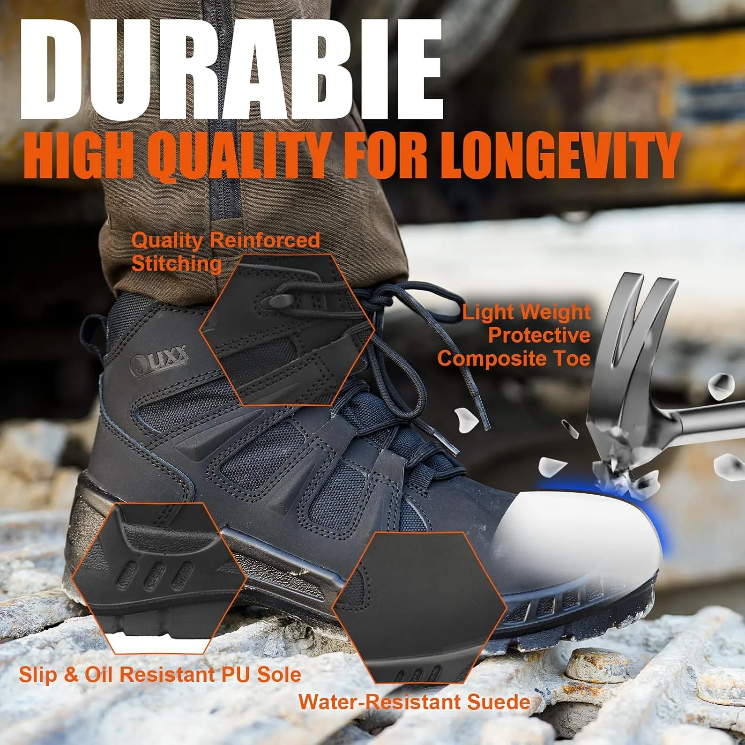 OUXX Men's Composite Toe Work Boots, ASTM F2413 Safety Shoes, Metal Free, Slip-Resistant Boot(OX4603)