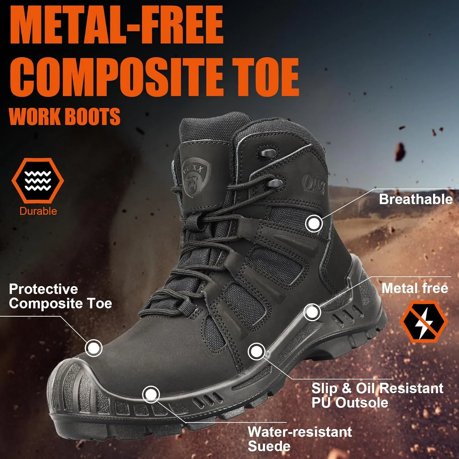 OUXX Men's Composite Toe Work Boots, ASTM F2413 Safety Shoes, Metal Free, Slip-Resistant Boot(OX4603)