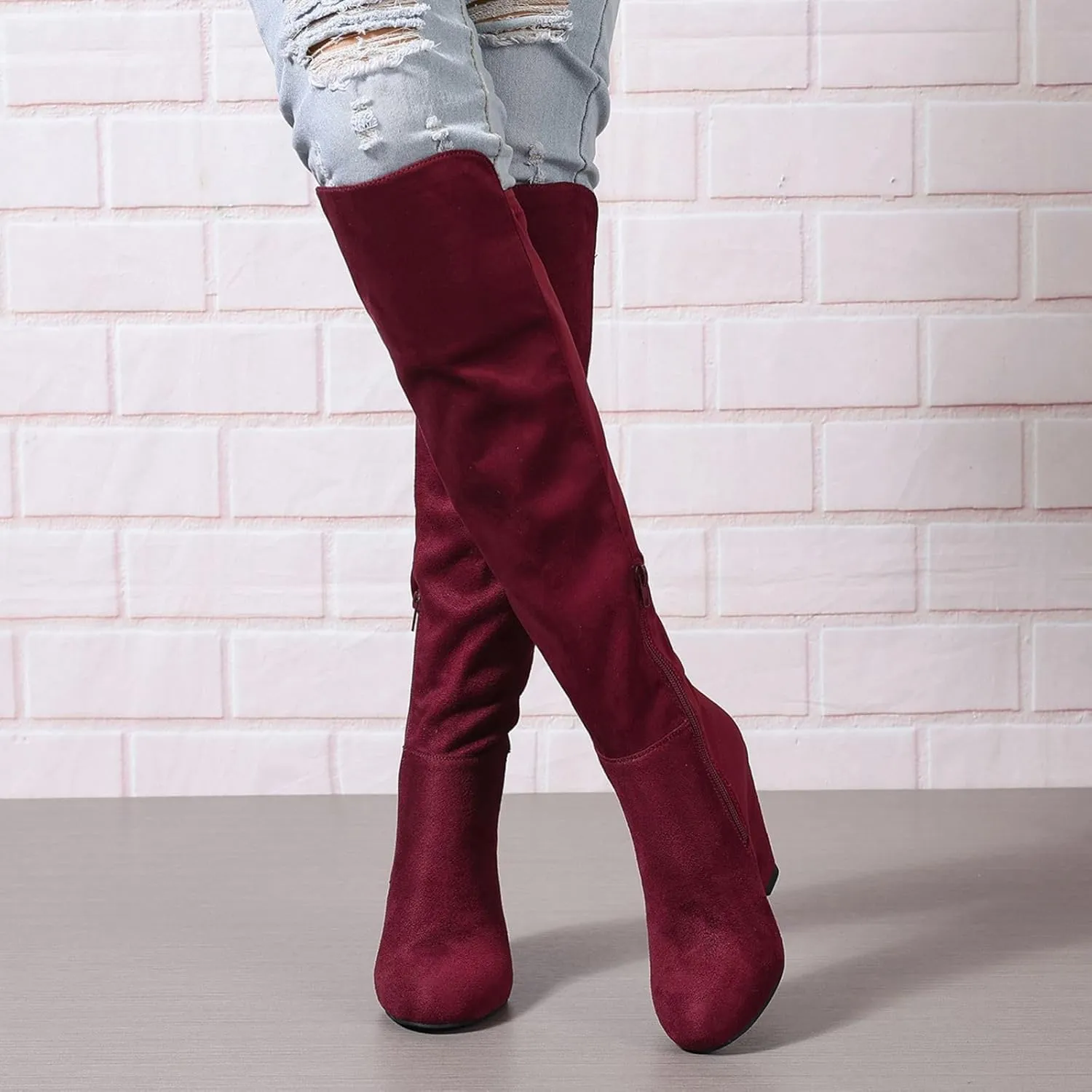 Over the Knee High Boots for Women Wedge Heel Suede Long Stretch Sexy Fashion Tall Boots Black Red US6-11