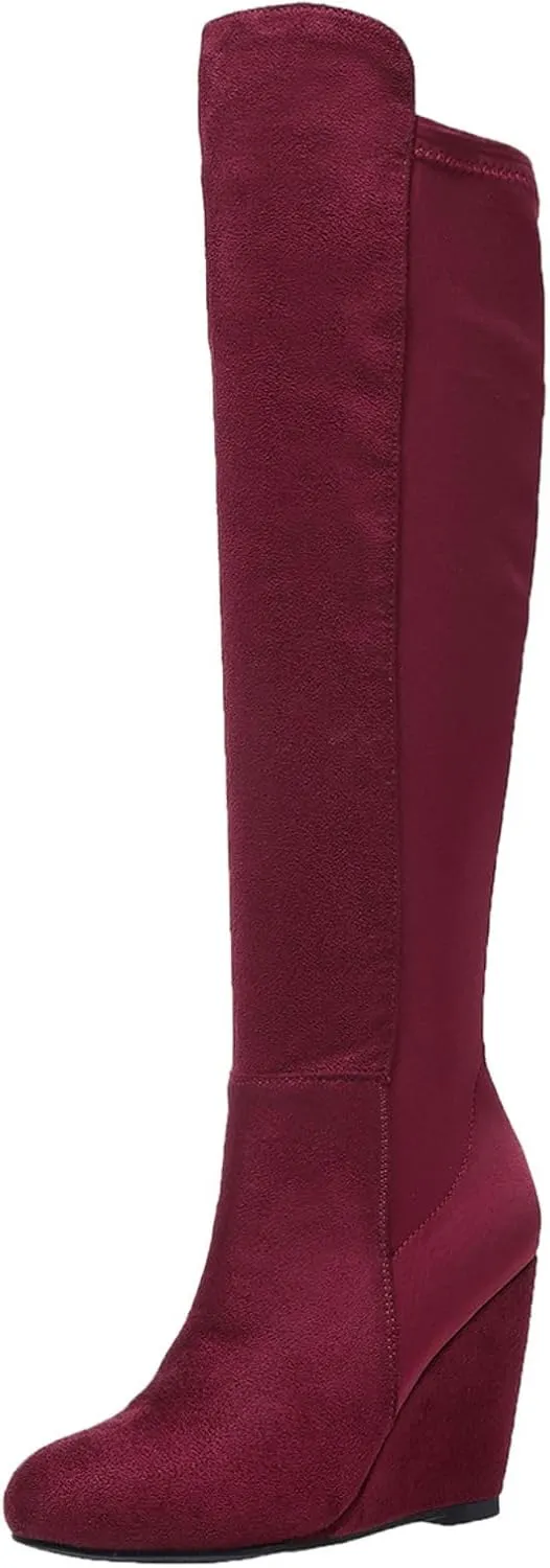 Over the Knee High Boots for Women Wedge Heel Suede Long Stretch Sexy Fashion Tall Boots Black Red US6-11