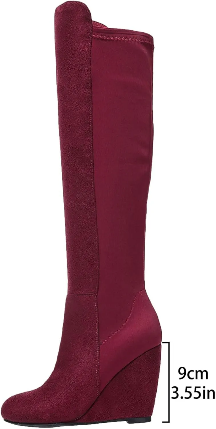 Over the Knee High Boots for Women Wedge Heel Suede Long Stretch Sexy Fashion Tall Boots Black Red US6-11