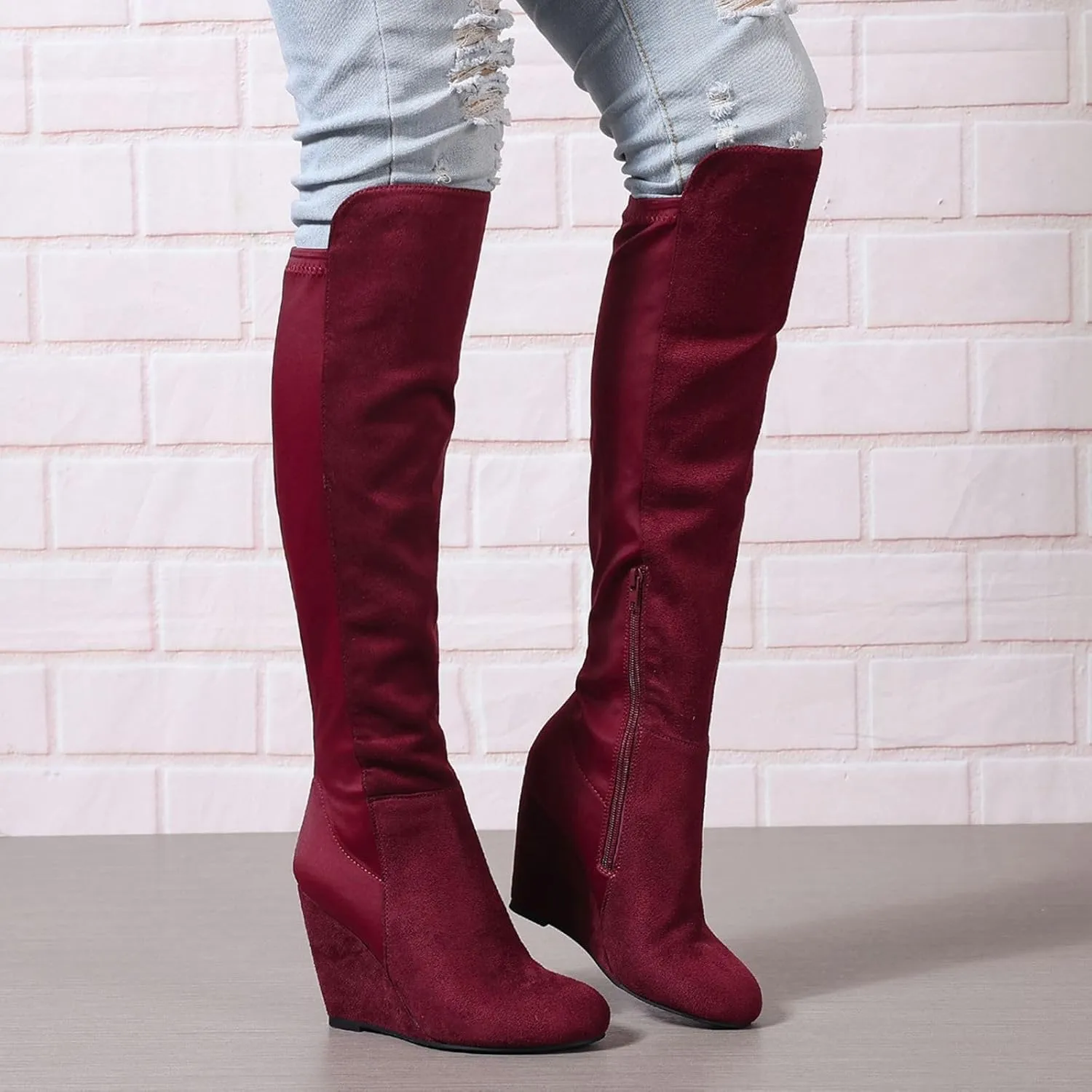 Over the Knee High Boots for Women Wedge Heel Suede Long Stretch Sexy Fashion Tall Boots Black Red US6-11
