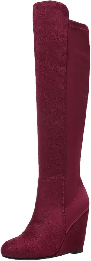 Over the Knee High Boots for Women Wedge Heel Suede Long Stretch Sexy Fashion Tall Boots Black Red US6-11
