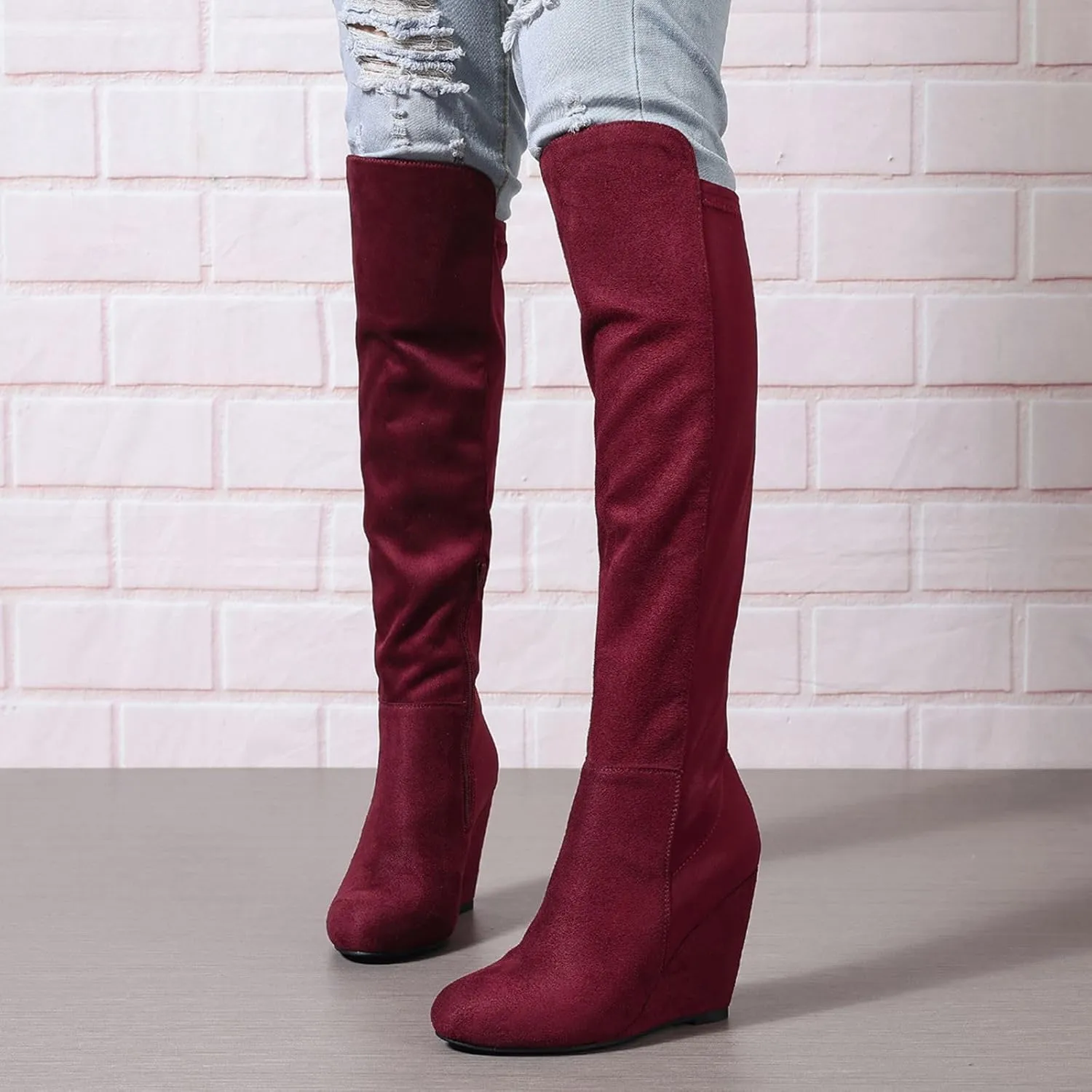Over the Knee High Boots for Women Wedge Heel Suede Long Stretch Sexy Fashion Tall Boots Black Red US6-11