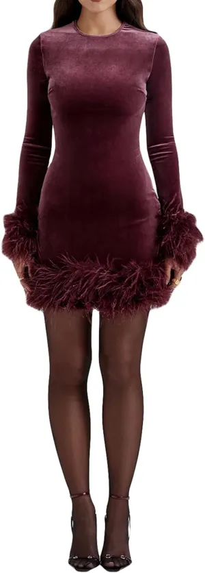 Owl's-Yard Women Long Sleeve Feather Trim Bodycon Dress Sexy Crew Neck Feather Patchwork Velvet Mini Dress Cocktail Party