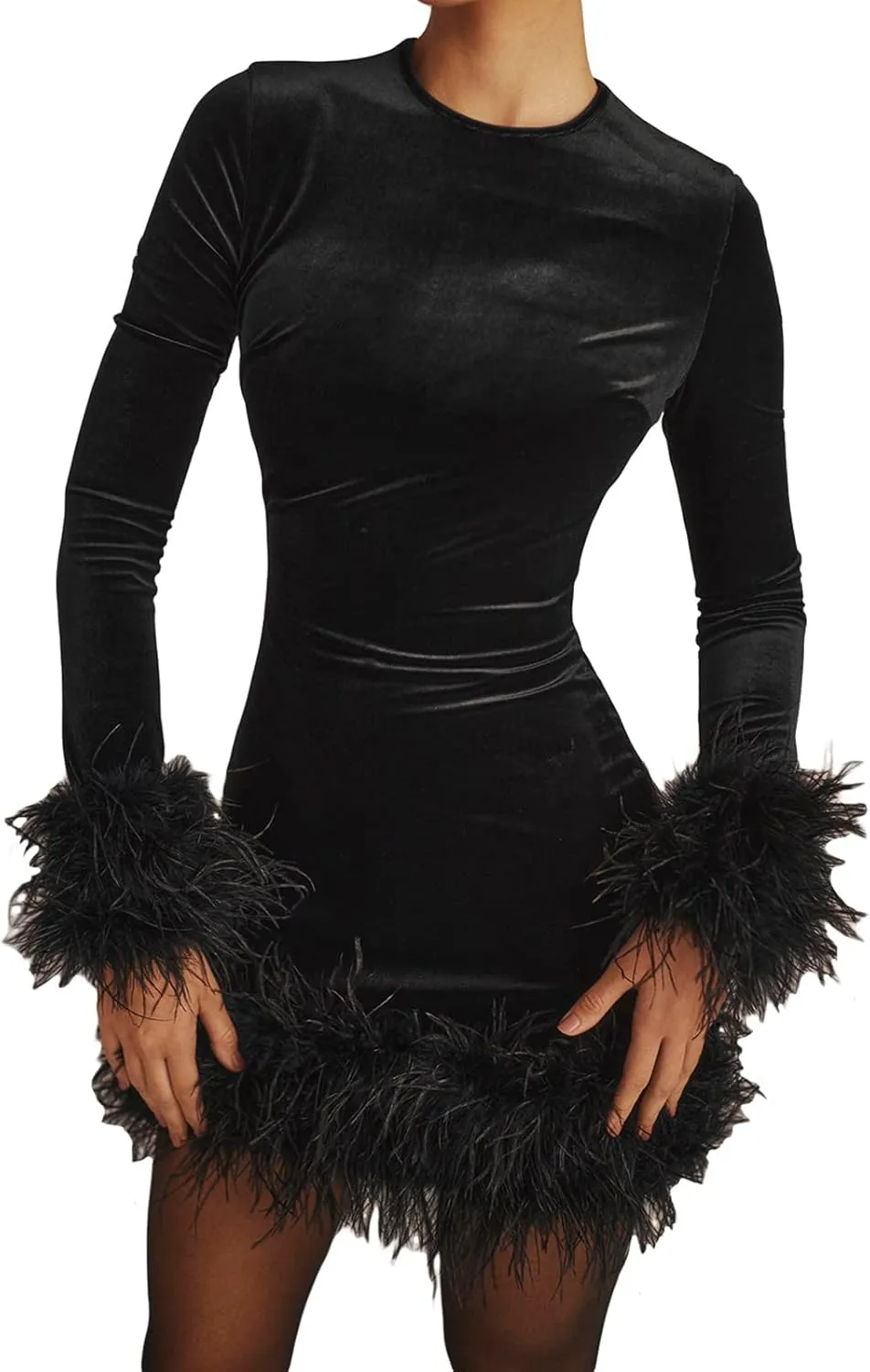 Owl's-Yard Women Long Sleeve Feather Trim Bodycon Dress Sexy Crew Neck Feather Patchwork Velvet Mini Dress Cocktail Party