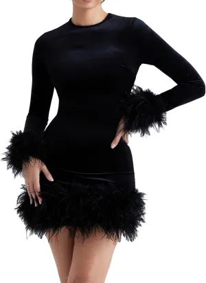Owl's-Yard Women Long Sleeve Feather Trim Bodycon Dress Sexy Crew Neck Feather Patchwork Velvet Mini Dress Cocktail Party