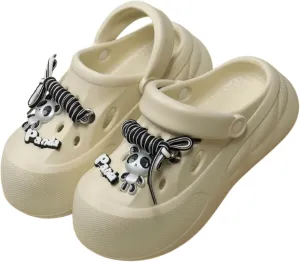 Panda Design Platform Clogs, EVA Garden Shoes, Waterproof Beach Sandals, Available in White/Beige