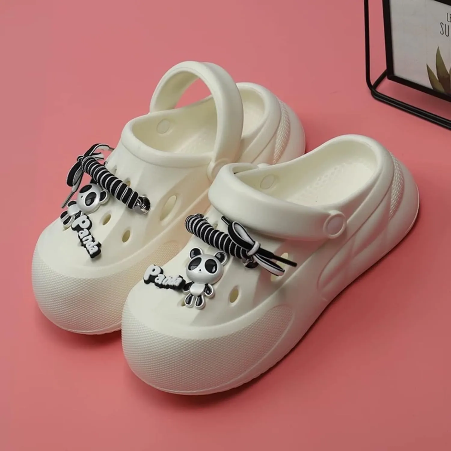 Panda Design Platform Clogs, EVA Garden Shoes, Waterproof Beach Sandals, Available in White/Beige