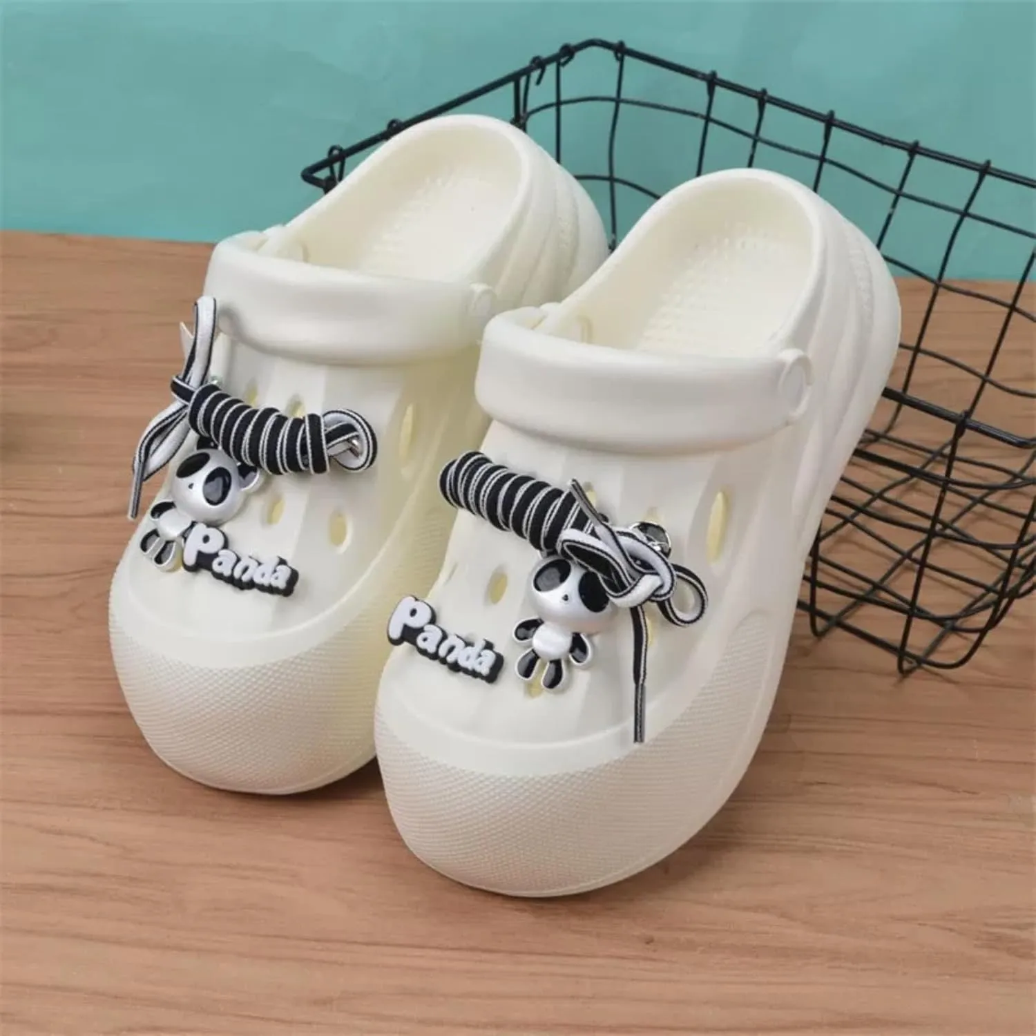 Panda Design Platform Clogs, EVA Garden Shoes, Waterproof Beach Sandals, Available in White/Beige