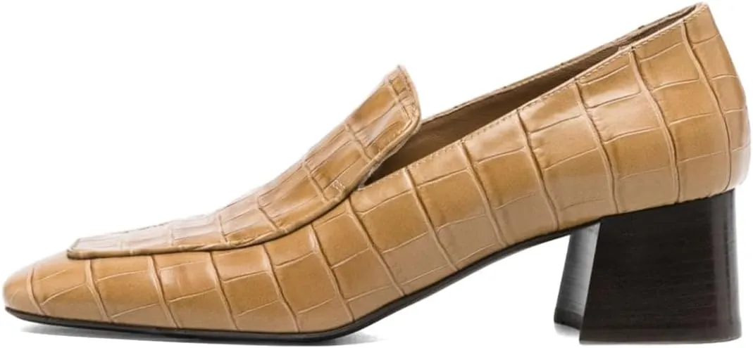 Pazzion Women Retro Crocodile Chunky Heel Loafers Closed Square Toe Slip On Low Heeled Pumps Daily Office Business Formal Shoes Size 4-16 US
