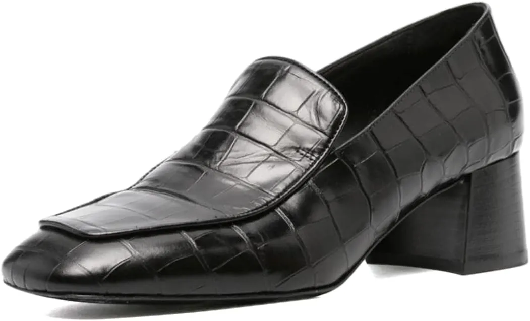 Pazzion Women Retro Crocodile Chunky Heel Loafers Closed Square Toe Slip On Low Heeled Pumps Daily Office Business Formal Shoes Size 4-16 US