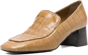 Pazzion Women Retro Crocodile Chunky Heel Loafers Closed Square Toe Slip On Low Heeled Pumps Daily Office Business Formal Shoes Size 4-16 US