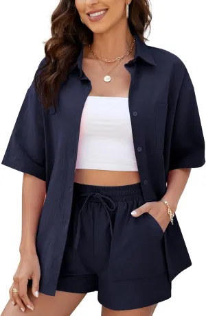 PEHMEA Women's 2 Piece Outfits Summer Cotton Linen Button Down Shirt Top High Waisted Shorts Set Tracksuit