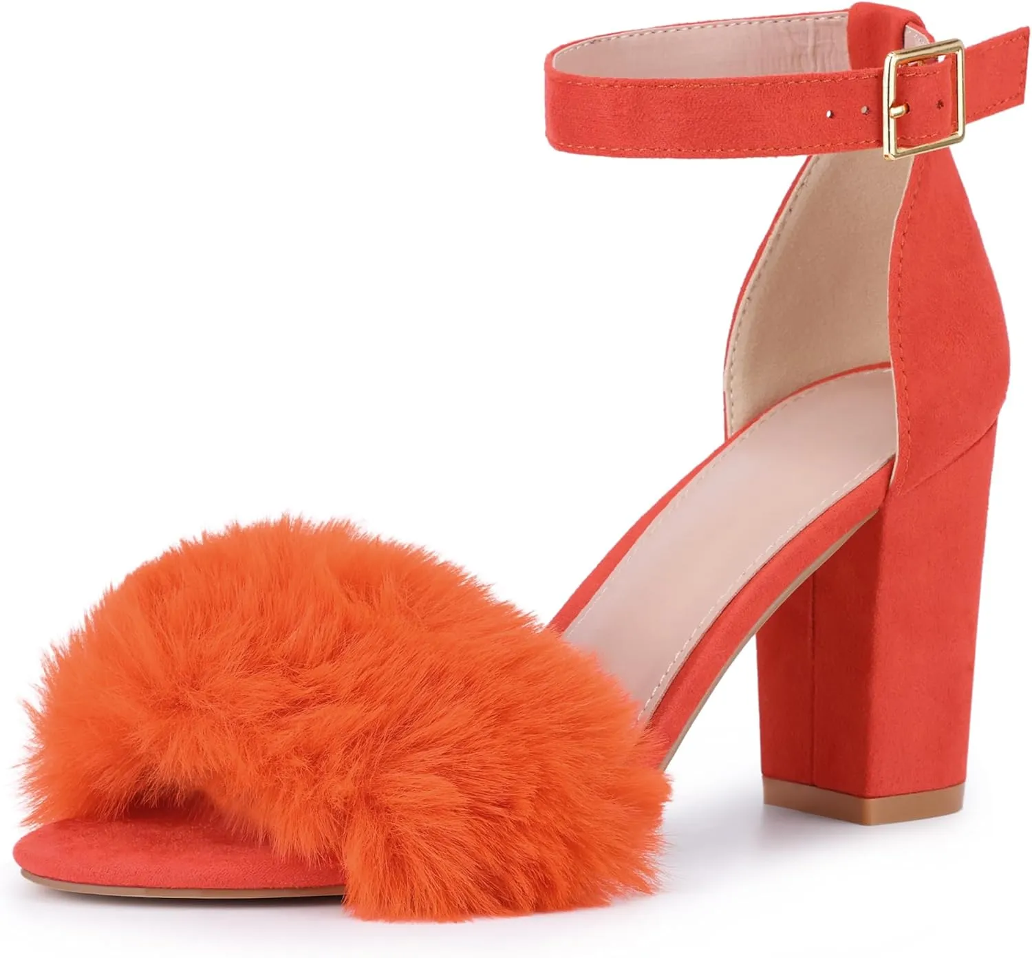 Perphy Fluffy Feather Ankle Strap Block Heel Fur Heels Sandal for Women