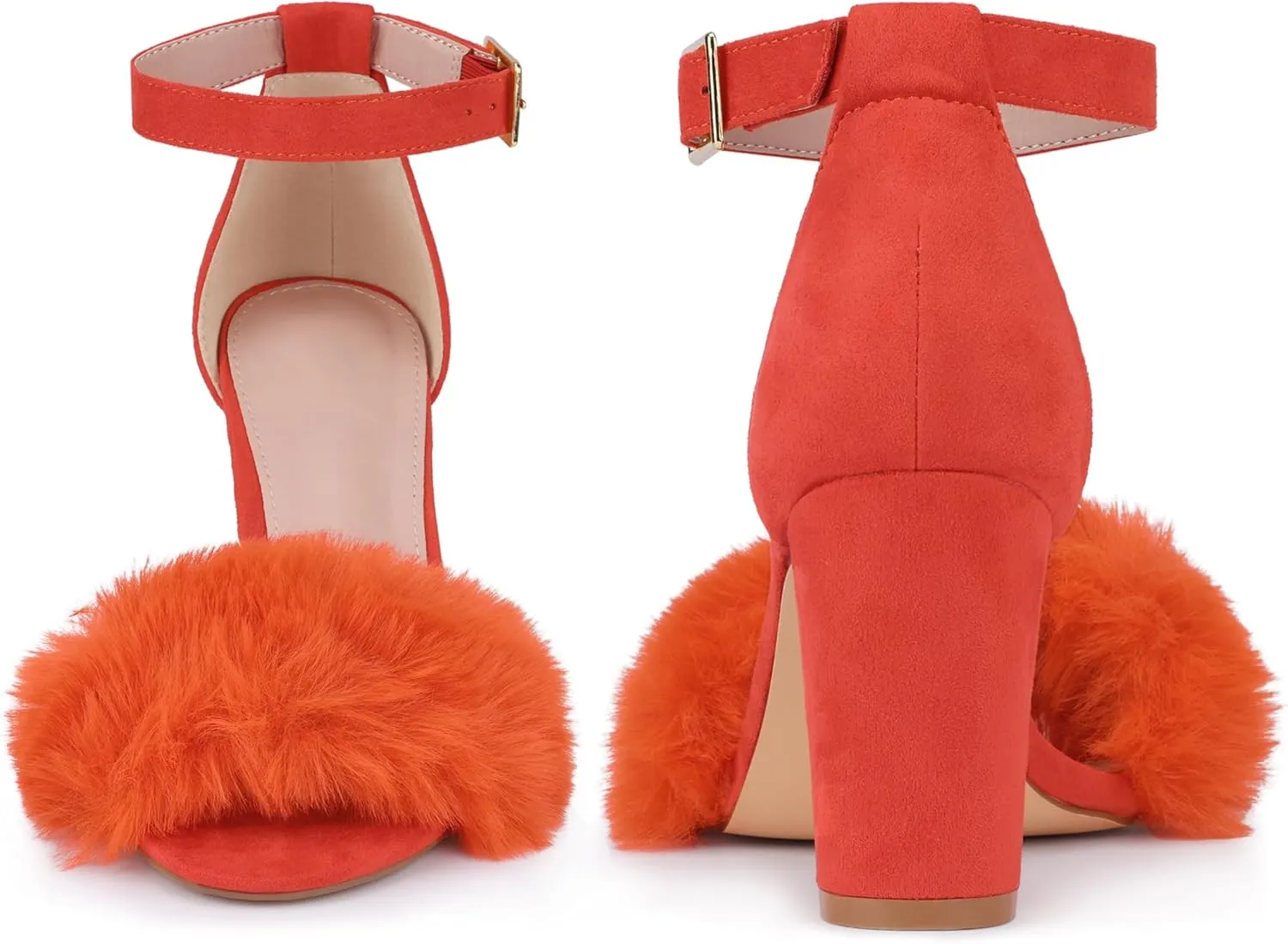 Perphy Fluffy Feather Ankle Strap Block Heel Fur Heels Sandal for Women