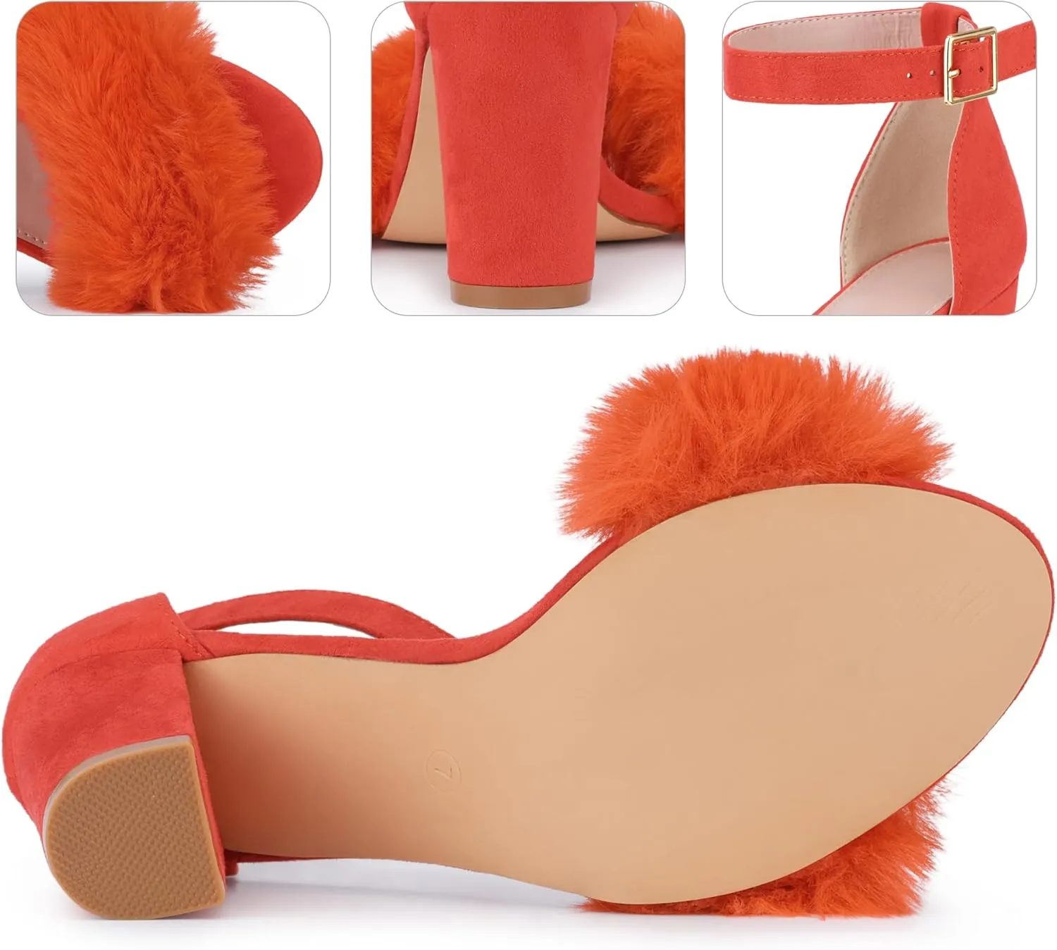 Perphy Fluffy Feather Ankle Strap Block Heel Fur Heels Sandal for Women