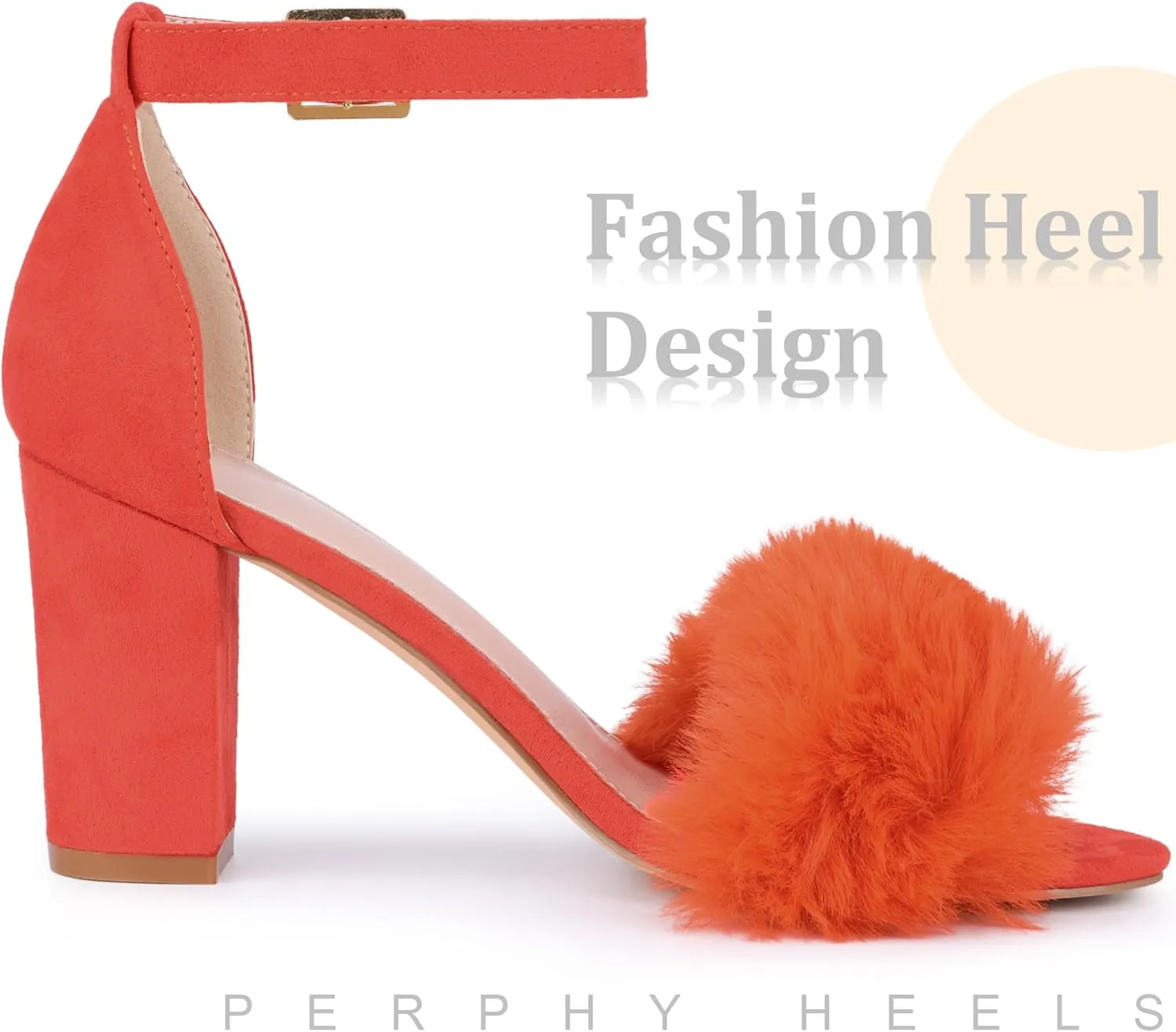 Perphy Fluffy Feather Ankle Strap Block Heel Fur Heels Sandal for Women