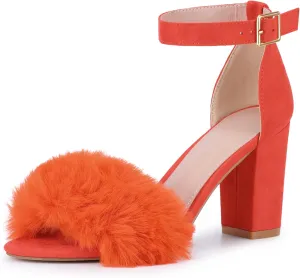 Perphy Fluffy Feather Ankle Strap Block Heel Fur Heels Sandal for Women