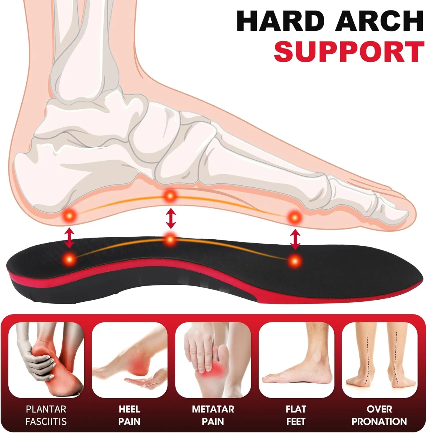 Plantar Fasciitis Insoles, 220  lbs High Arch Support Inserts for Men Women, Heavy Duty Flat Feet Pain Relief Orthotic Running Athletic Work Boot Insoles for Standing All Day-Black S