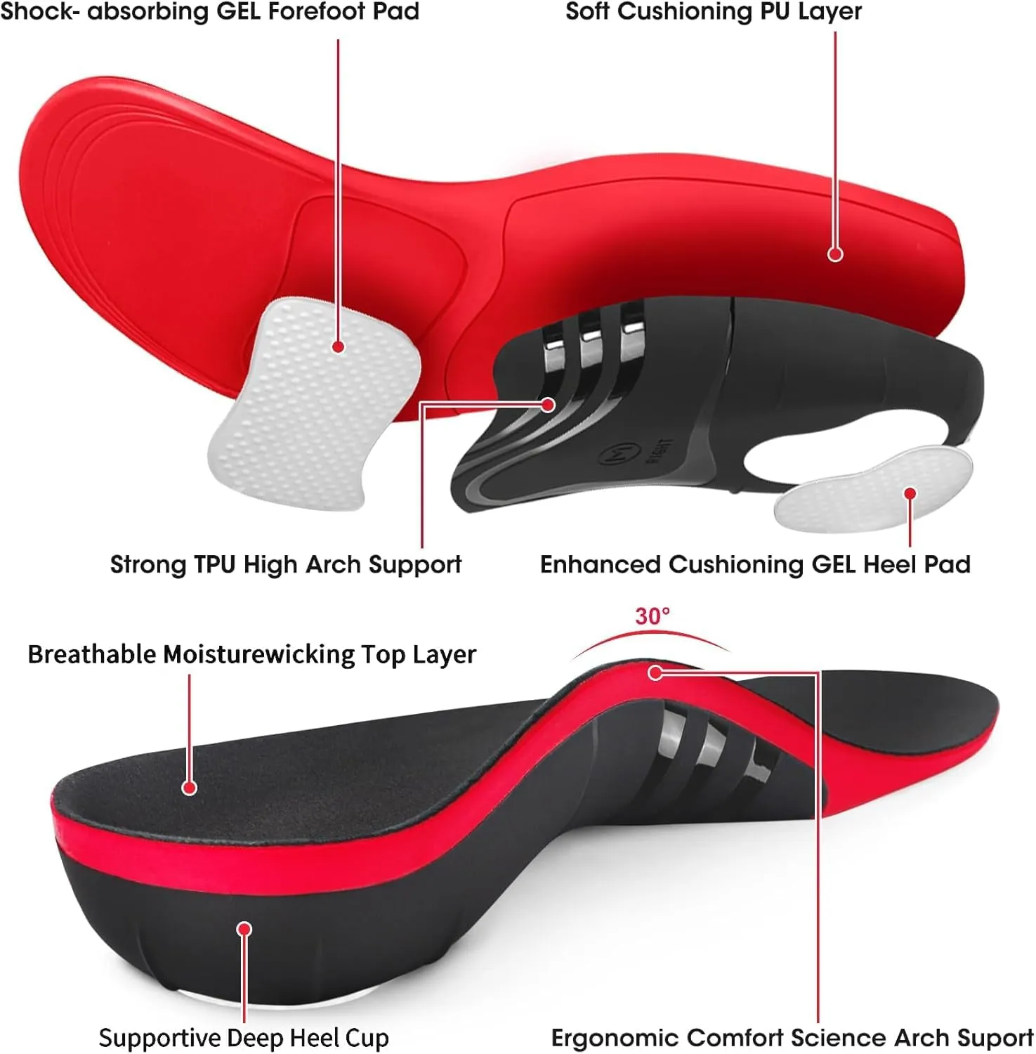 Plantar Fasciitis Insoles, 220  lbs High Arch Support Inserts for Men Women, Heavy Duty Flat Feet Pain Relief Orthotic Running Athletic Work Boot Insoles for Standing All Day-Black S