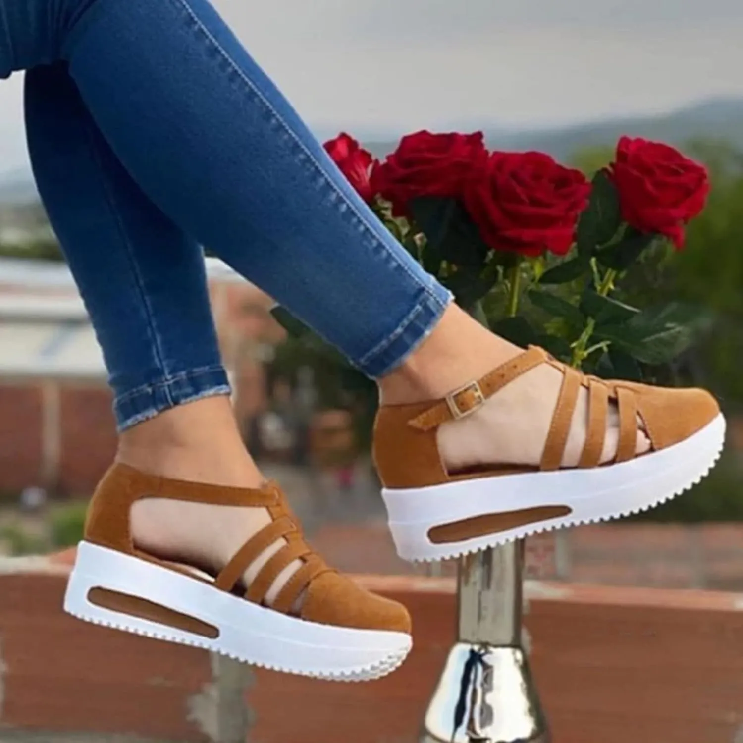 Platform Sandals Women Wedge Braided Platform Adjustable Ankle Band Breathable Beach Shoes Slip-Resistant Tread 2025 Spring and Summer Vacation