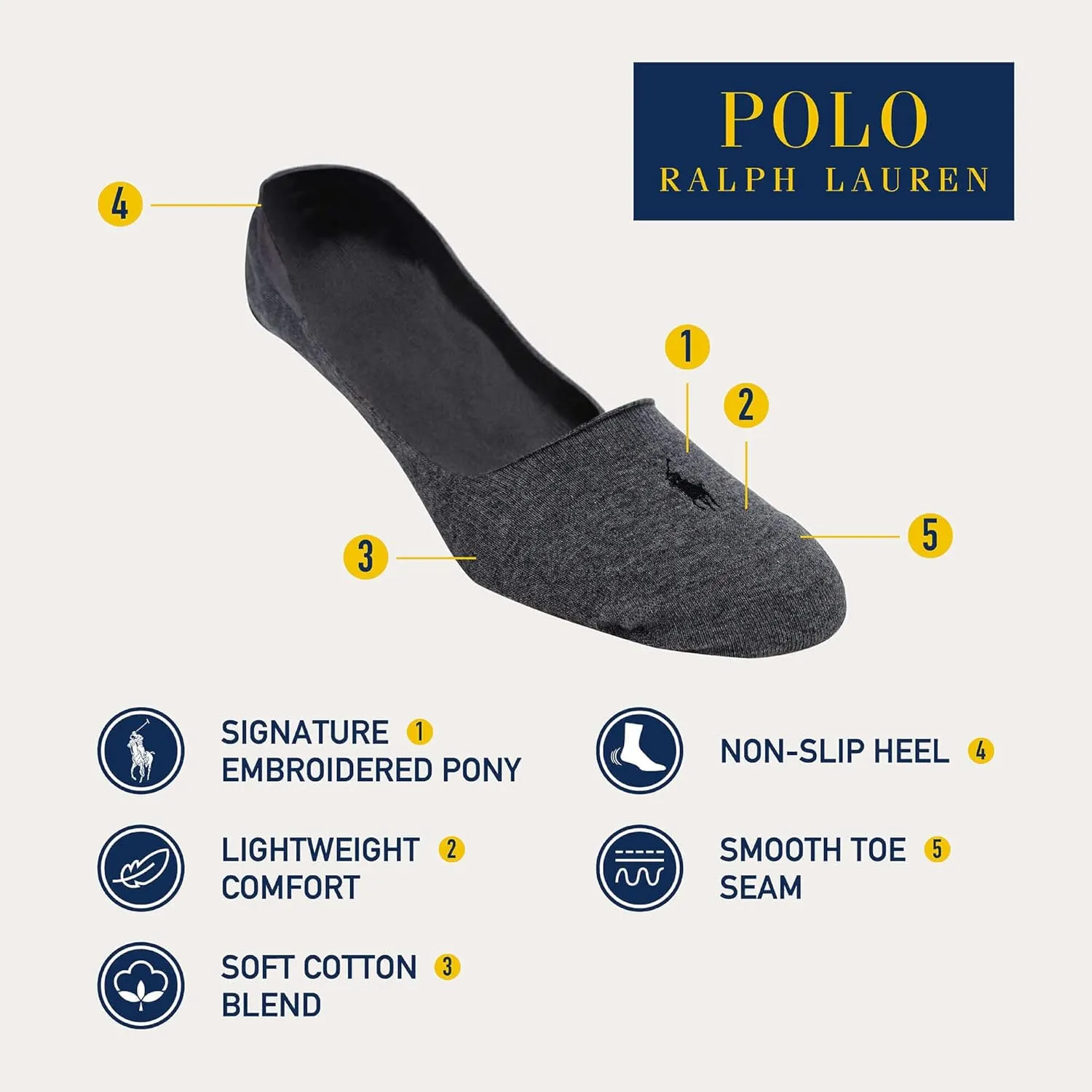 POLO RALPH LAUREN Dress Liner Socks - 3 Pair Pack - Lightweight Cotton Comfort With Non-slip Heel