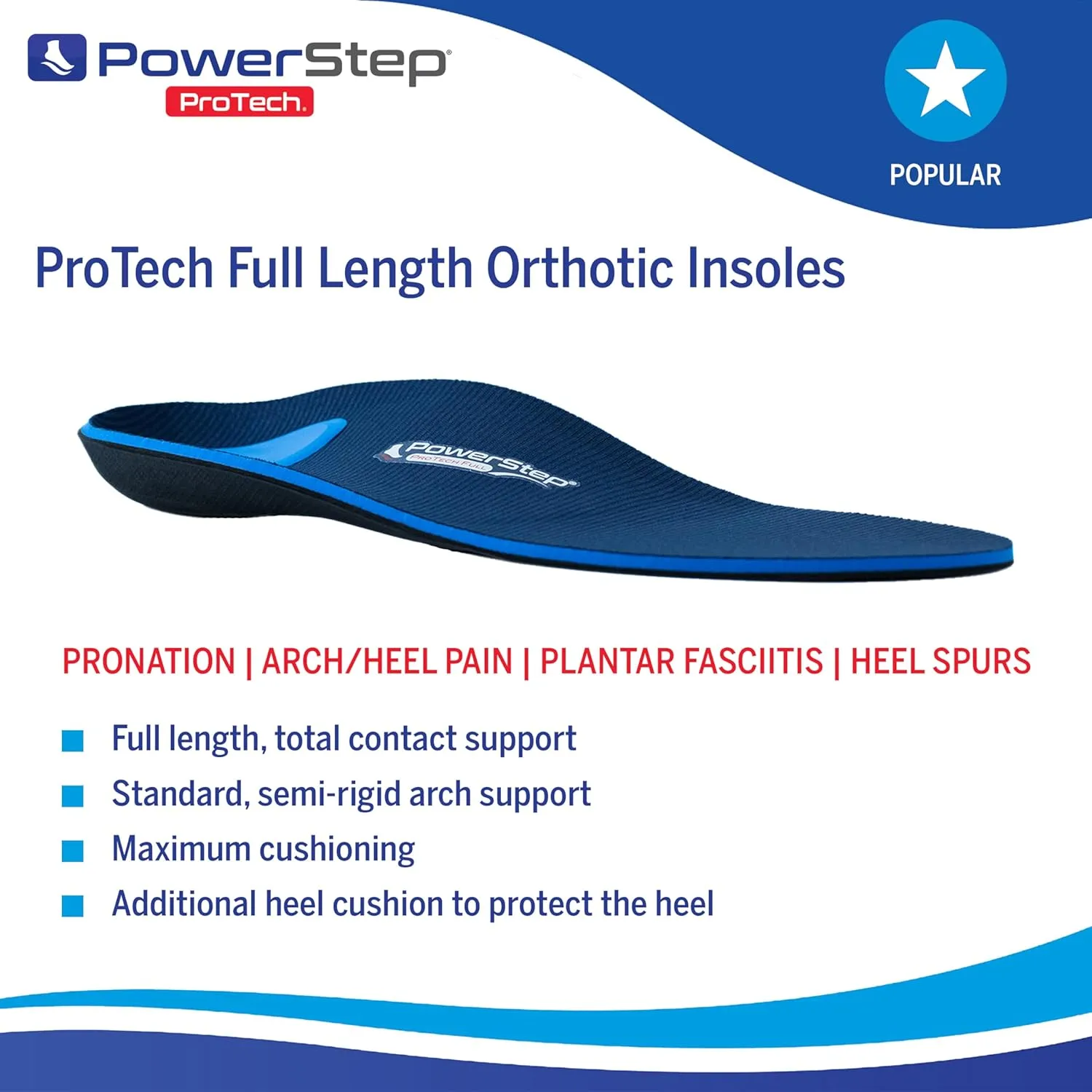 PowerStep ProTech Full Length Orthotic Insoles - Medical Grade Arch Support Inserts for Relieving & Preventing Plantar Fasciitis   Heel Pain - Maximum Cushioning   Memory Foam Orthotics