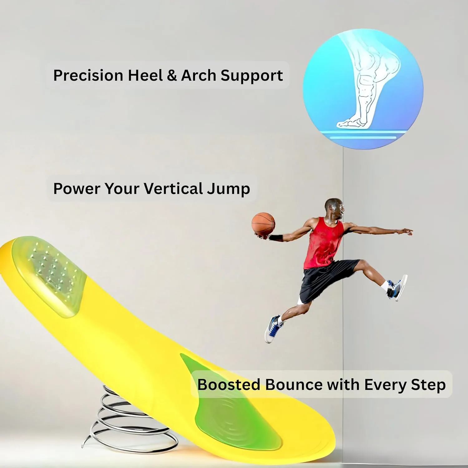 Premium High Jump Insoles with Shock Absorber, Athletic Shoe Inserts for Basketball, Running, and Sports Performance XL (Men 10.5-13/Women 13-15)