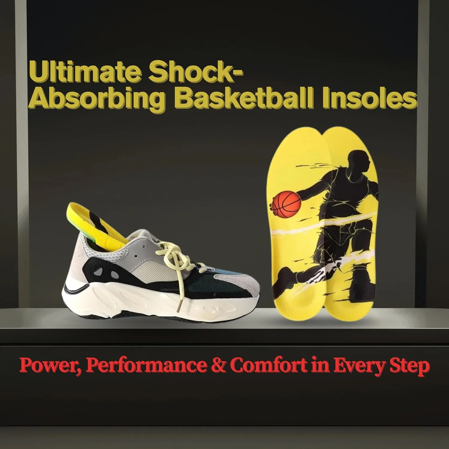 Premium High Jump Insoles with Shock Absorber, Athletic Shoe Inserts for Basketball, Running, and Sports Performance XL (Men 10.5-13/Women 13-15)