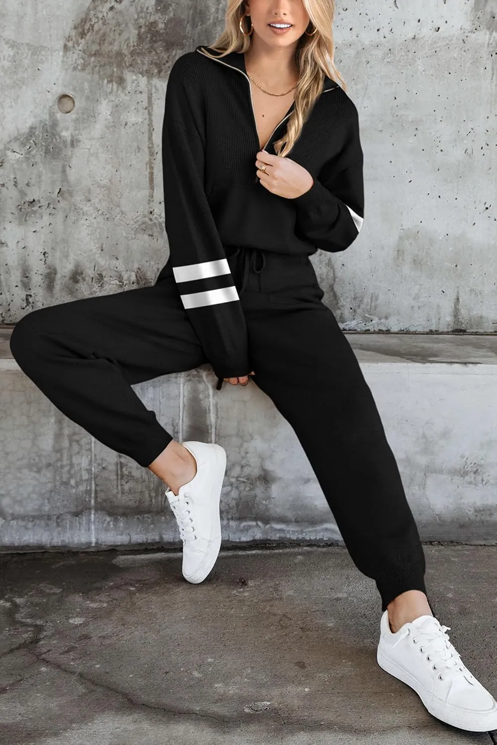 PRETTYGARDEN Women's 2 Piece Sweater Set Pullover Zip Up Sweatshirt Jogger Sweatpants Tracksuit Casual Outfit