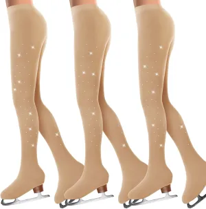 Ramede 3 Pcs Figure Skating Tights Rhinestones Ice Skate Tights Tan Crystal Figure for Girls Women Skating Ballet Dance Kids