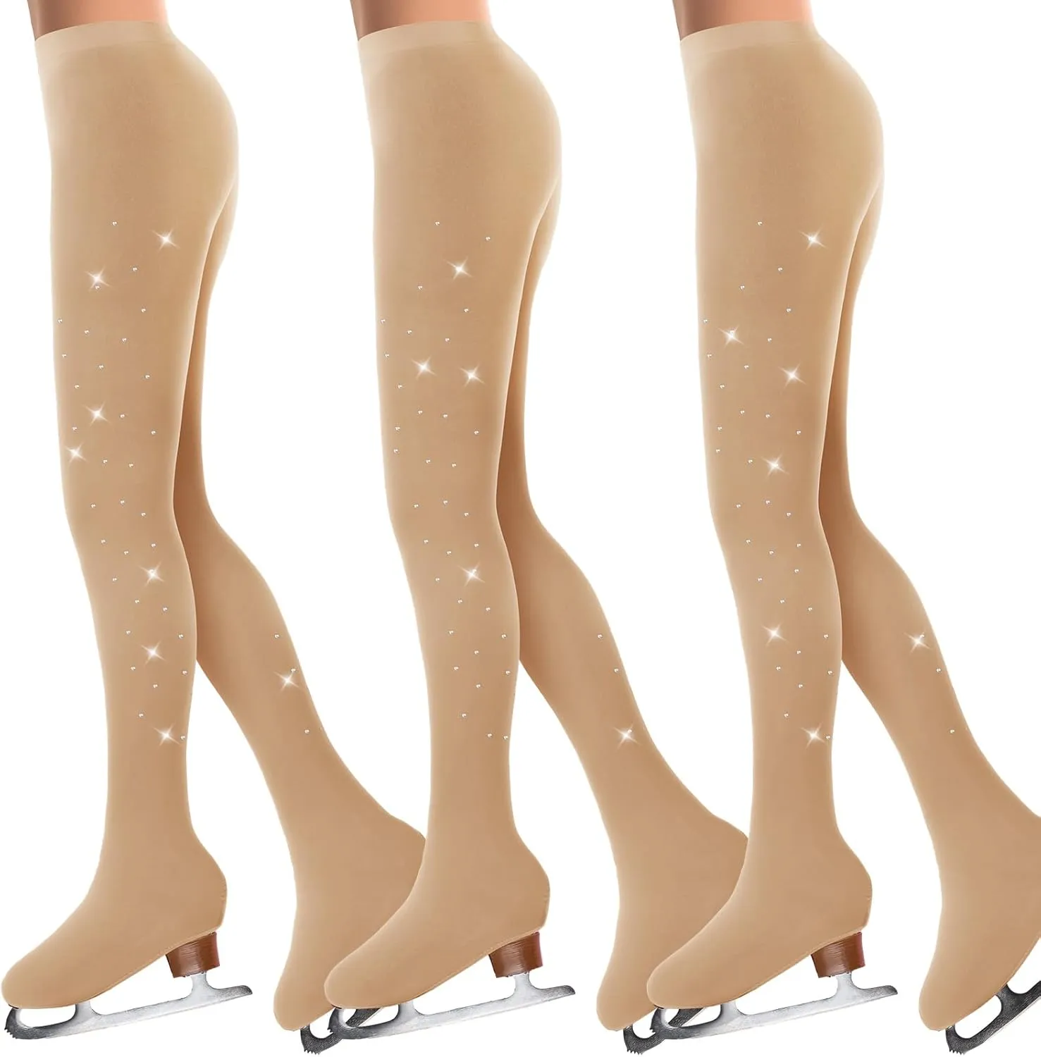 Ramede 3 Pcs Figure Skating Tights Rhinestones Ice Skate Tights Tan Crystal Figure for Girls Women Skating Ballet Dance Kids